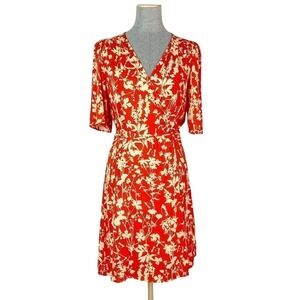 MNG Suit Wrap Dress Women's 4 Tie Waist Floral Butterfly Print Red Orange Cream